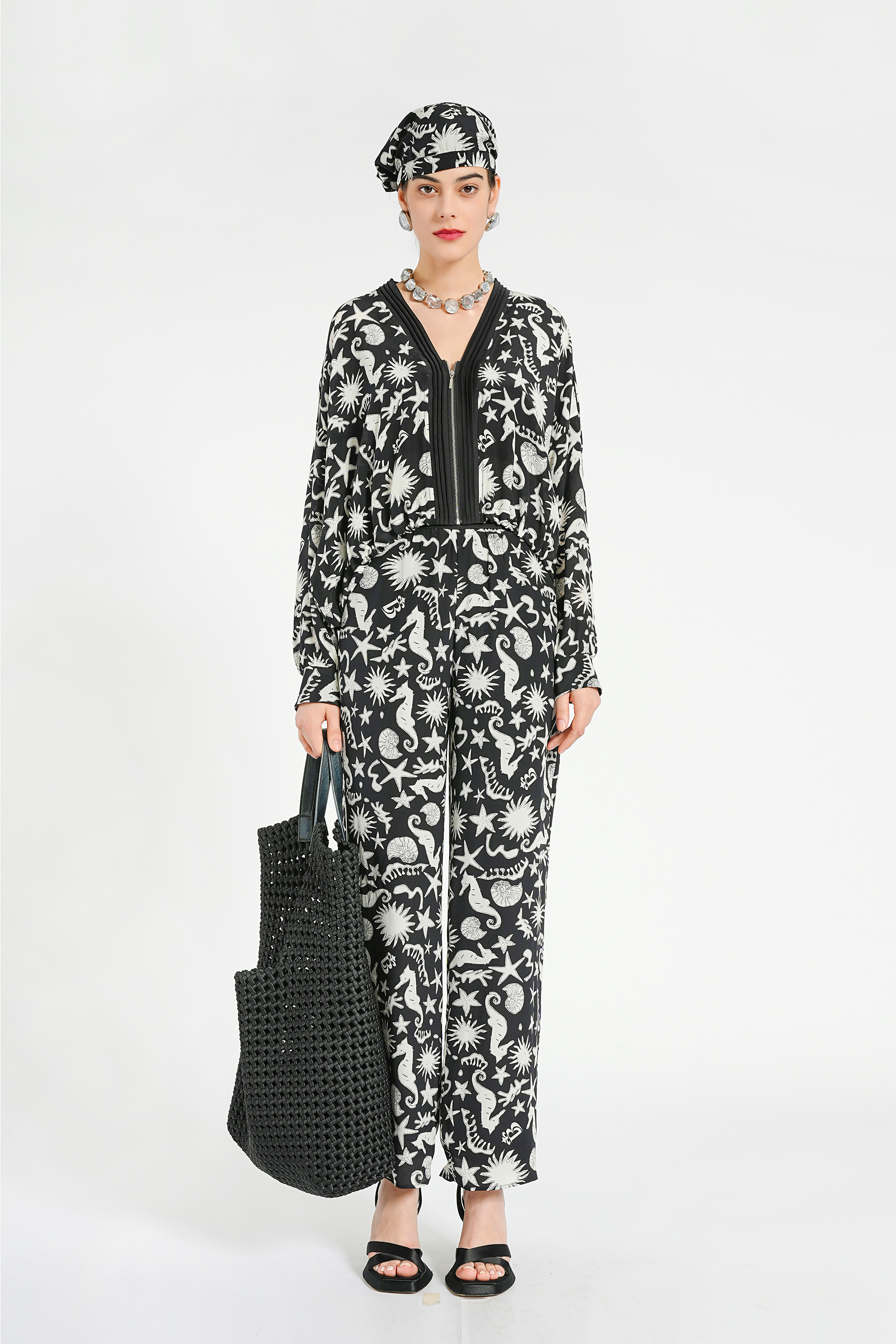 BESIONIA Printed Collarless Casual Outerwear