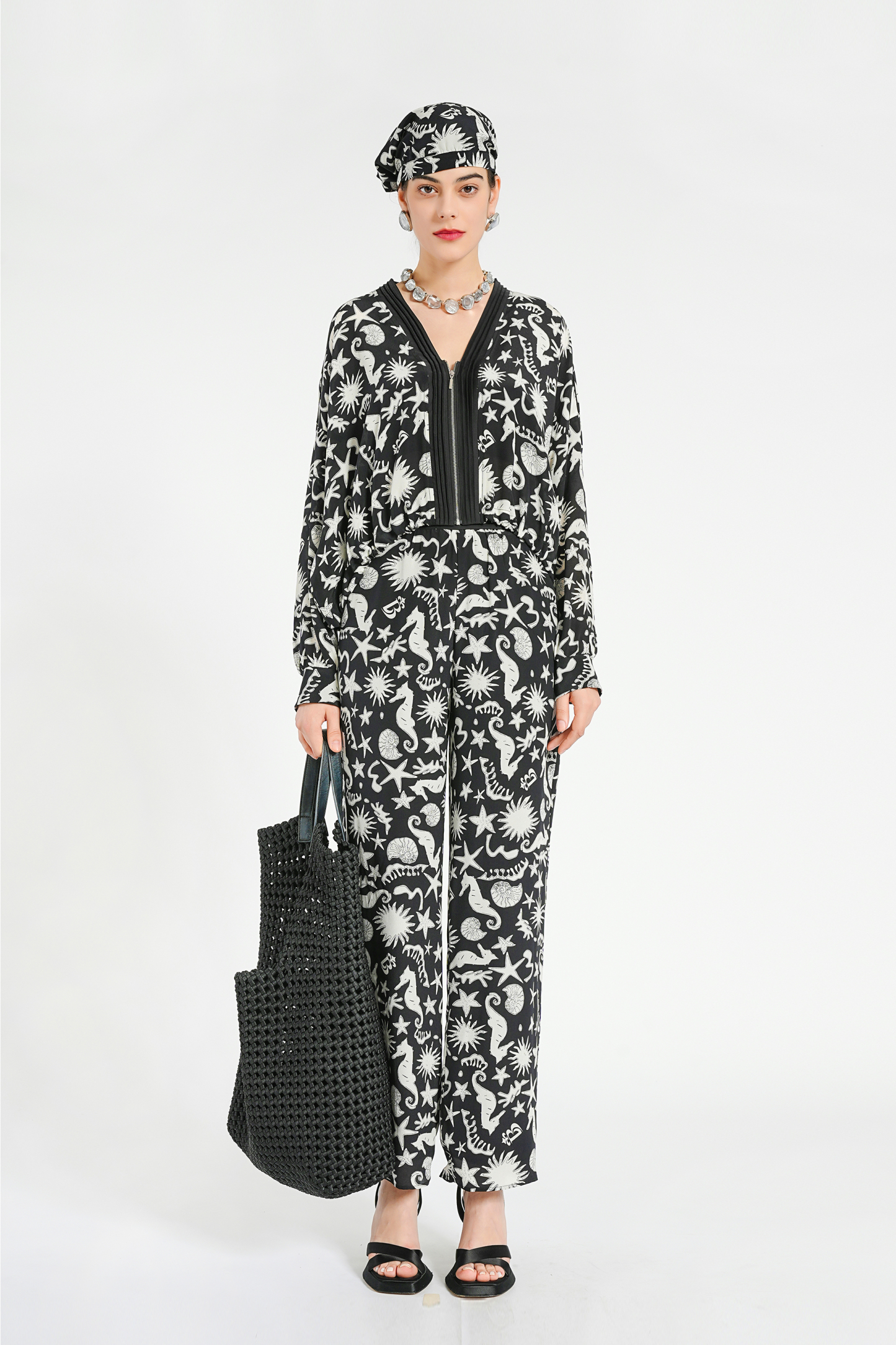 BESIONIA Printed Collarless Casual Outerwear