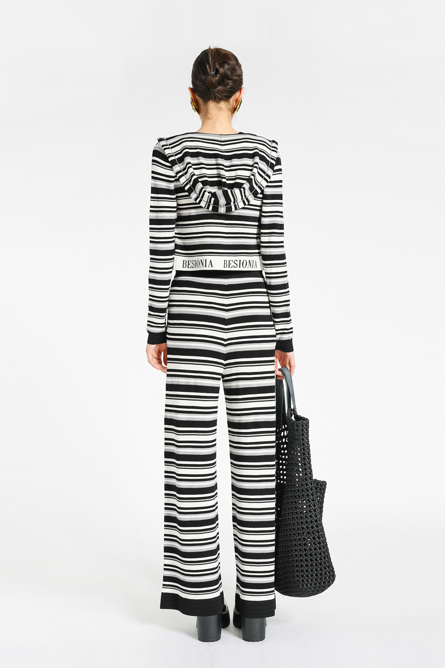 BESIONIA Black Striped Hooded Short Jacket