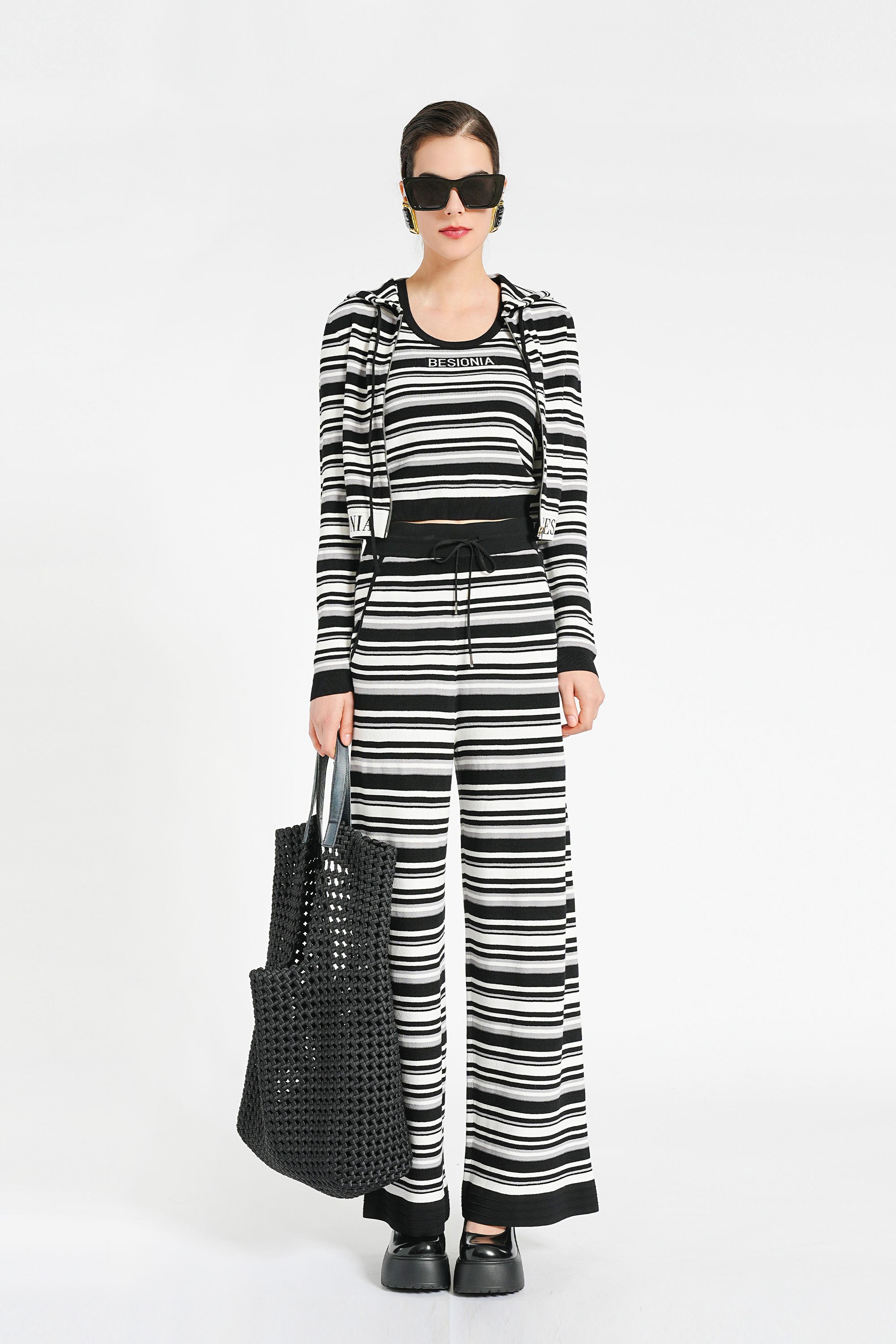 BESIONIA Black Striped Hooded Short Jacket