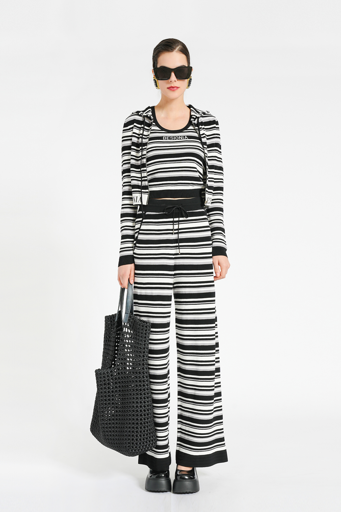 BESIONIA Black Striped Hooded Short Jacket