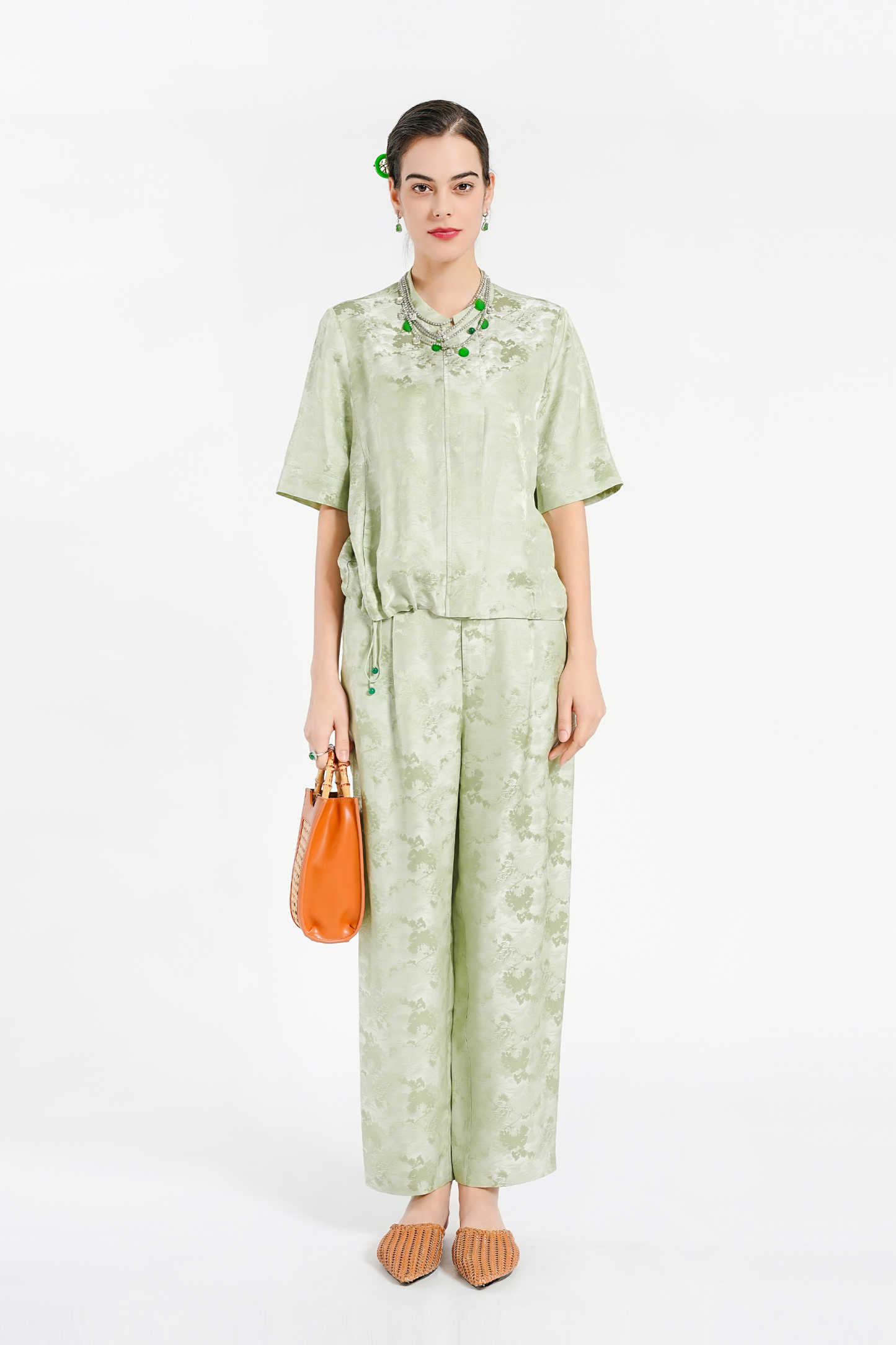 BESIONIA New Chinese Standing Collar Printed Blouse