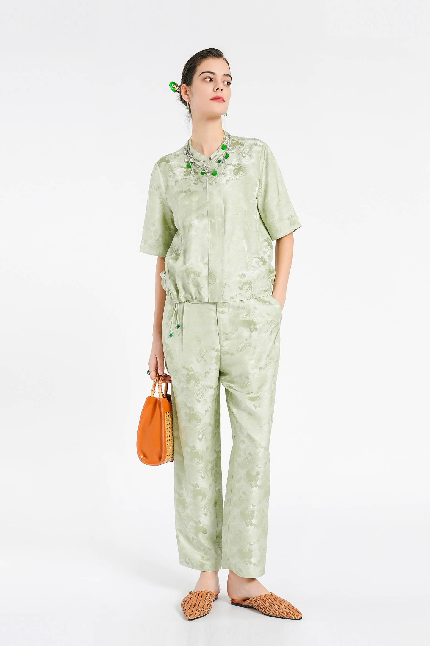 BESIONIA New Chinese Standing Collar Printed Blouse