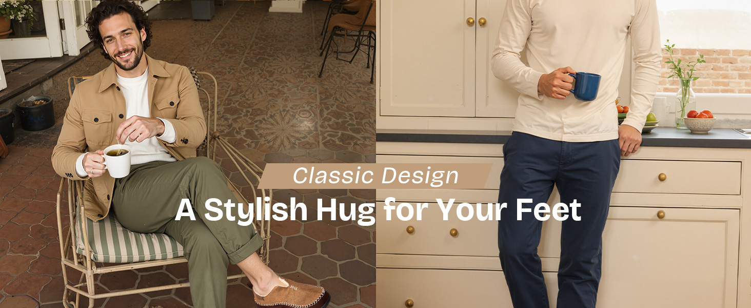Text reads 'A Stylish Hub for Your Feet'. Split image showing two scenes of casual home settings.