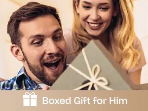 Text reads 'Boxed Gift for Him'. Two people expressing joy and excitement while opening a gift box together.