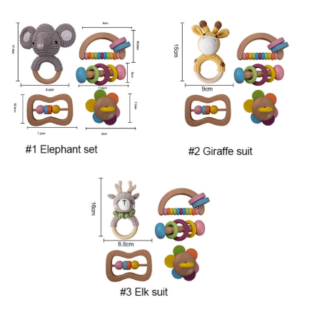 Newly Designed Educational Montessori Rattle Toy Wooden Baby Gift Box Crochet Animal Color Rattle