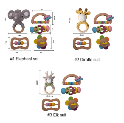 Newly Designed Educational Montessori Rattle Toy Wooden Baby Gift Box Crochet Animal Color Rattle