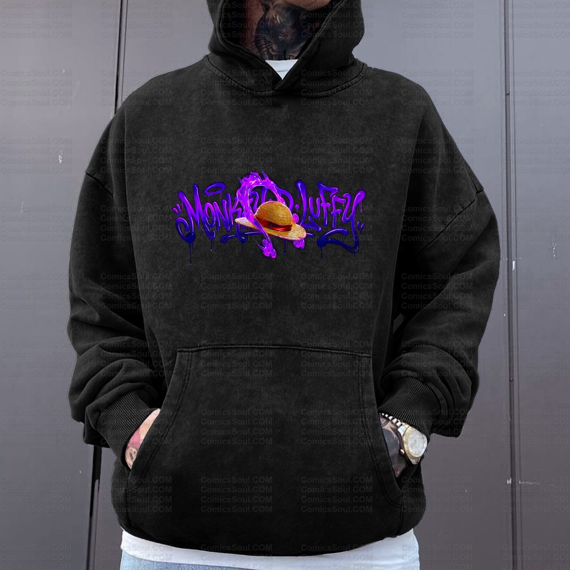 Unisex Anime Graphic Water wash Streetwear Vintage Hoodie