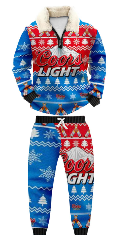 Unisex Christmas 1/4 Zip Stand Fleece Collar Thick Sweatshirt & Sweatpant