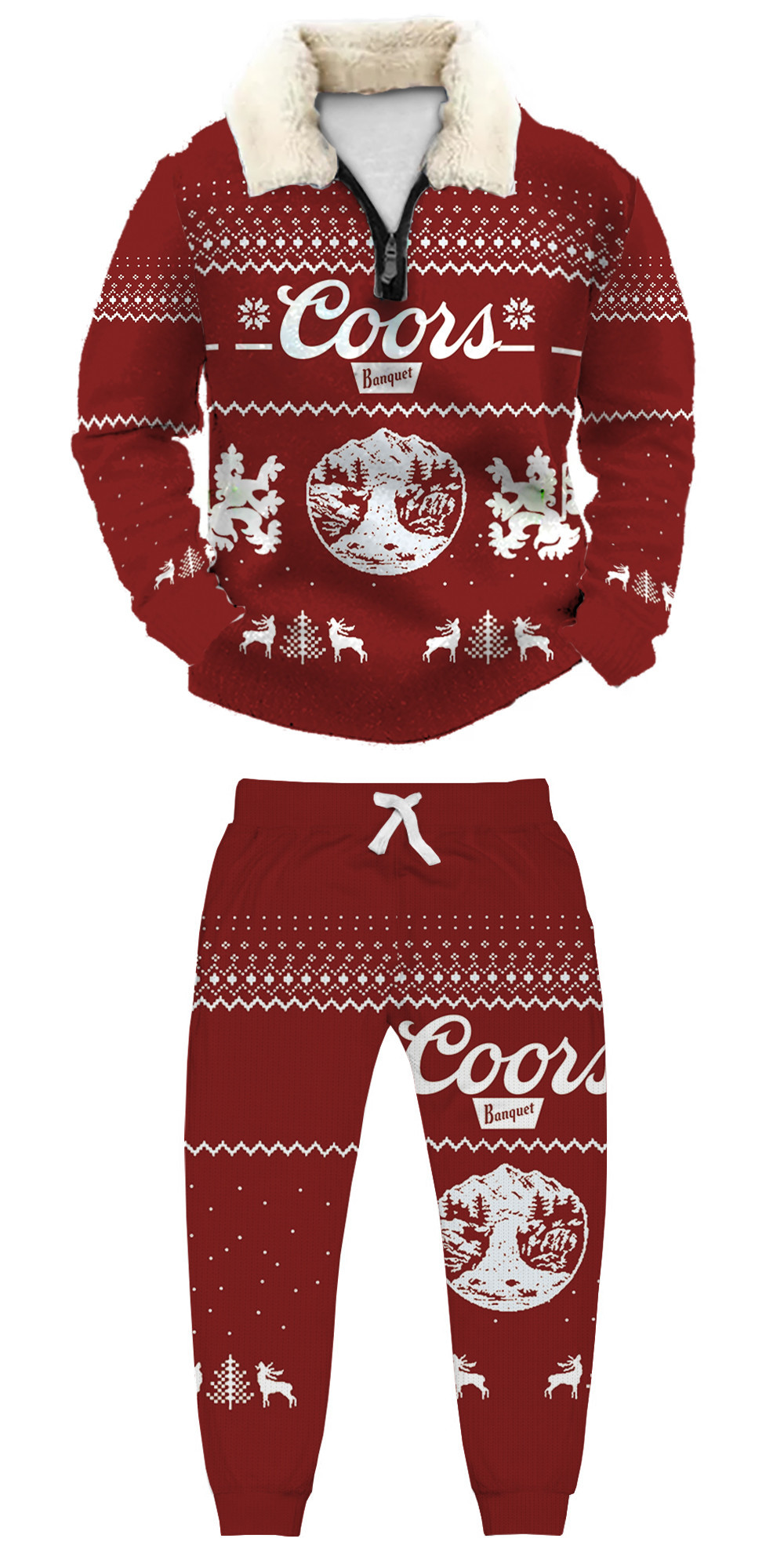 Unisex Christmas 1/4 Zip Stand Fleece Collar Thick Sweatshirt & Sweatpant