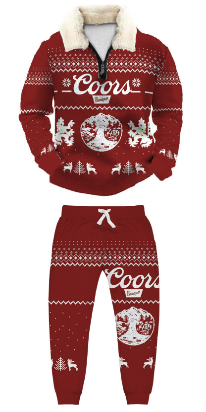 Unisex Christmas 1/4 Zip Stand Fleece Collar Thick Sweatshirt & Sweatpant