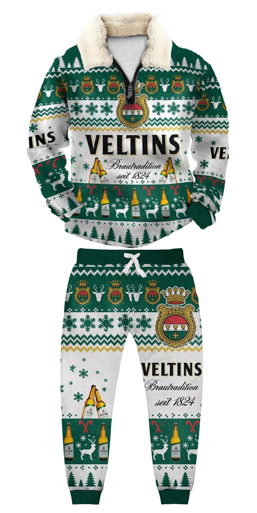 Unisex Christmas 1/4 Zip Stand Fleece Collar Thick Sweatshirt & Sweatpant Set