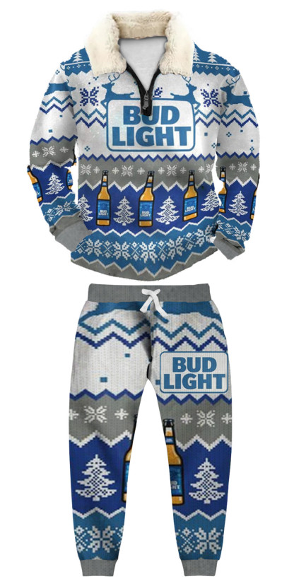 Unisex Christmas 1/4 Zip Stand Fleece Collar Thick Sweatshirt & Sweatpant Set