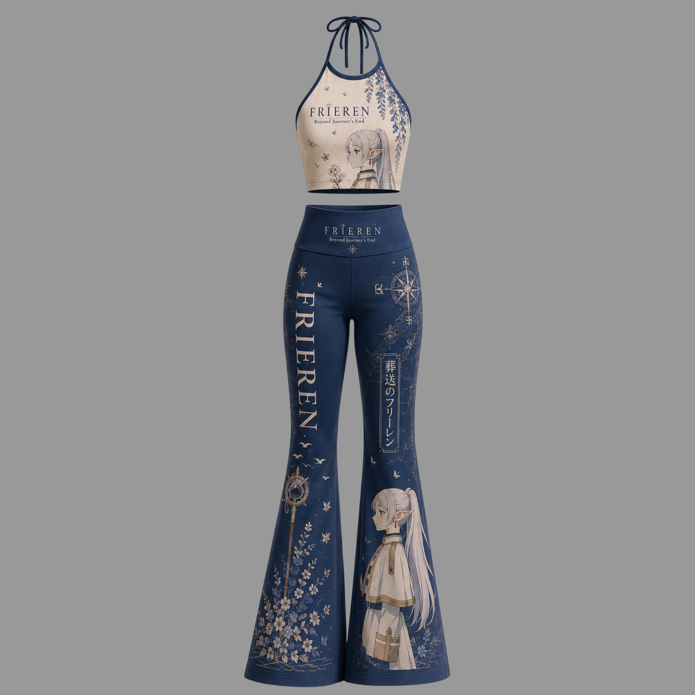 Frieren Halter Crop Top + High Waist Flared Pants Matching 2-Piece Set