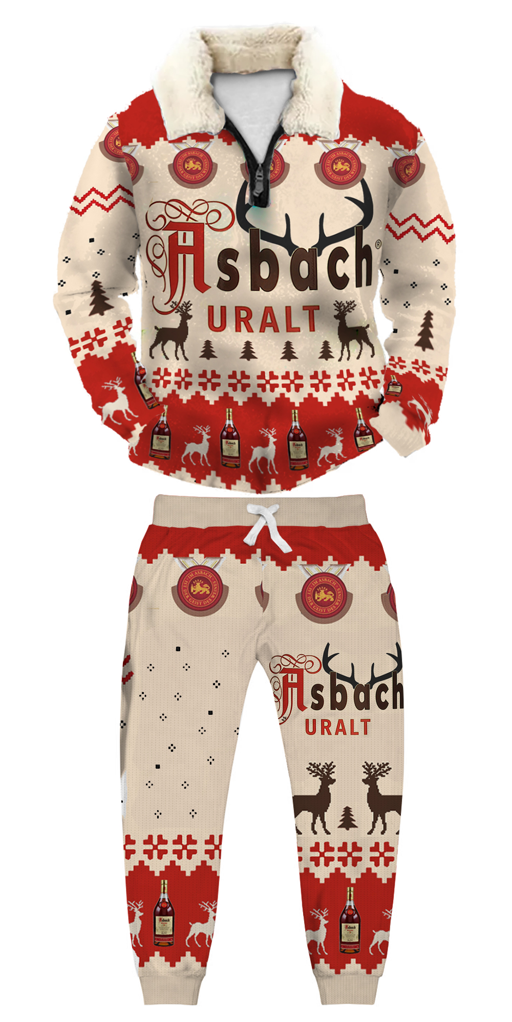 Unisex Christmas 1/4 Zip Stand Fleece Collar Thick Sweatshirt & Sweatpant Set