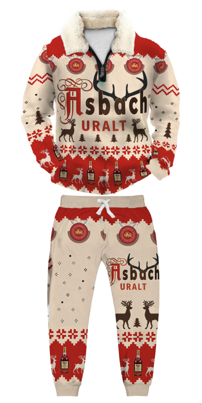 Unisex Christmas 1/4 Zip Stand Fleece Collar Thick Sweatshirt & Sweatpant Set