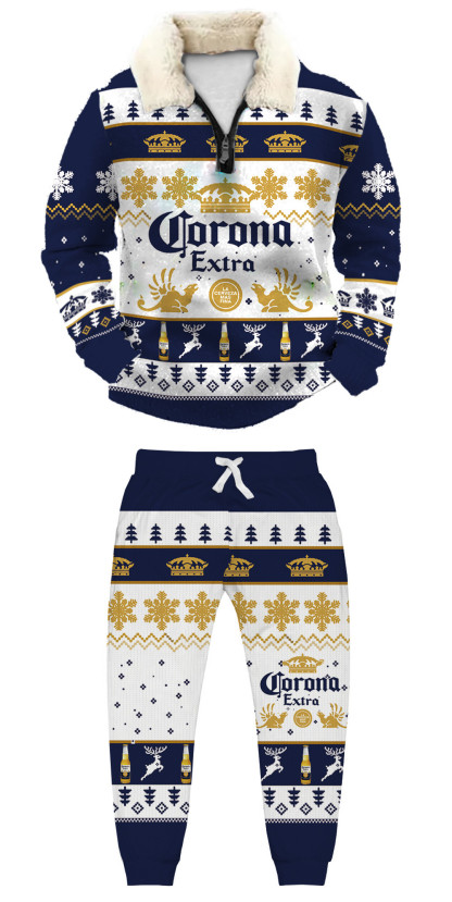 Unisex Christmas 1/4 Zip Stand Fleece Collar Thick Sweatshirt & Sweatpant