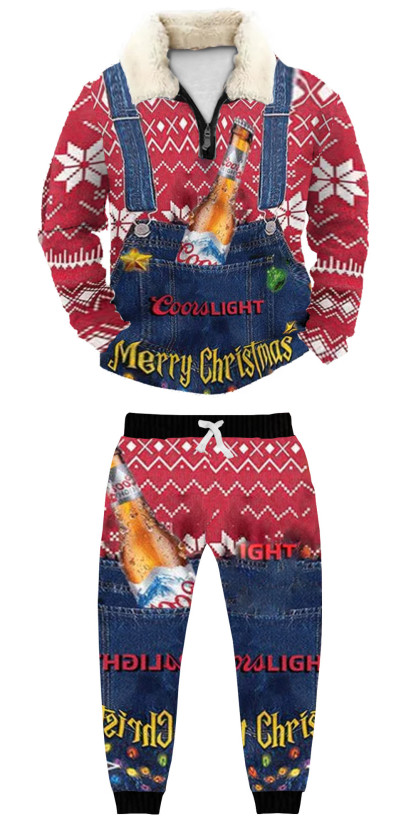 Unisex Christmas 1/4 Zip Stand Fleece Collar Thick Sweatshirt & Sweatpant