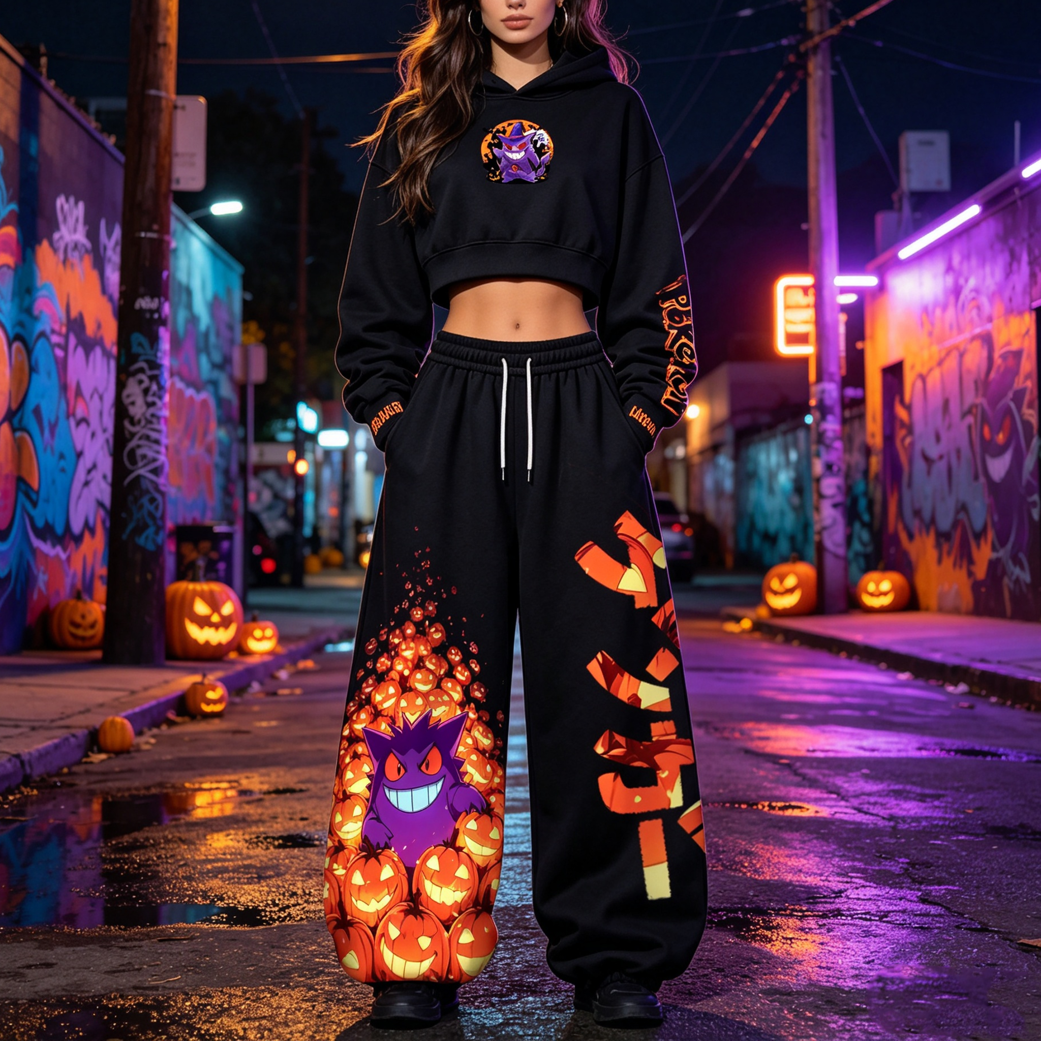 Pokémon Halloween Series Cropped Long Sleeve Hoodie & High Waist Jogger Pants Two Piece