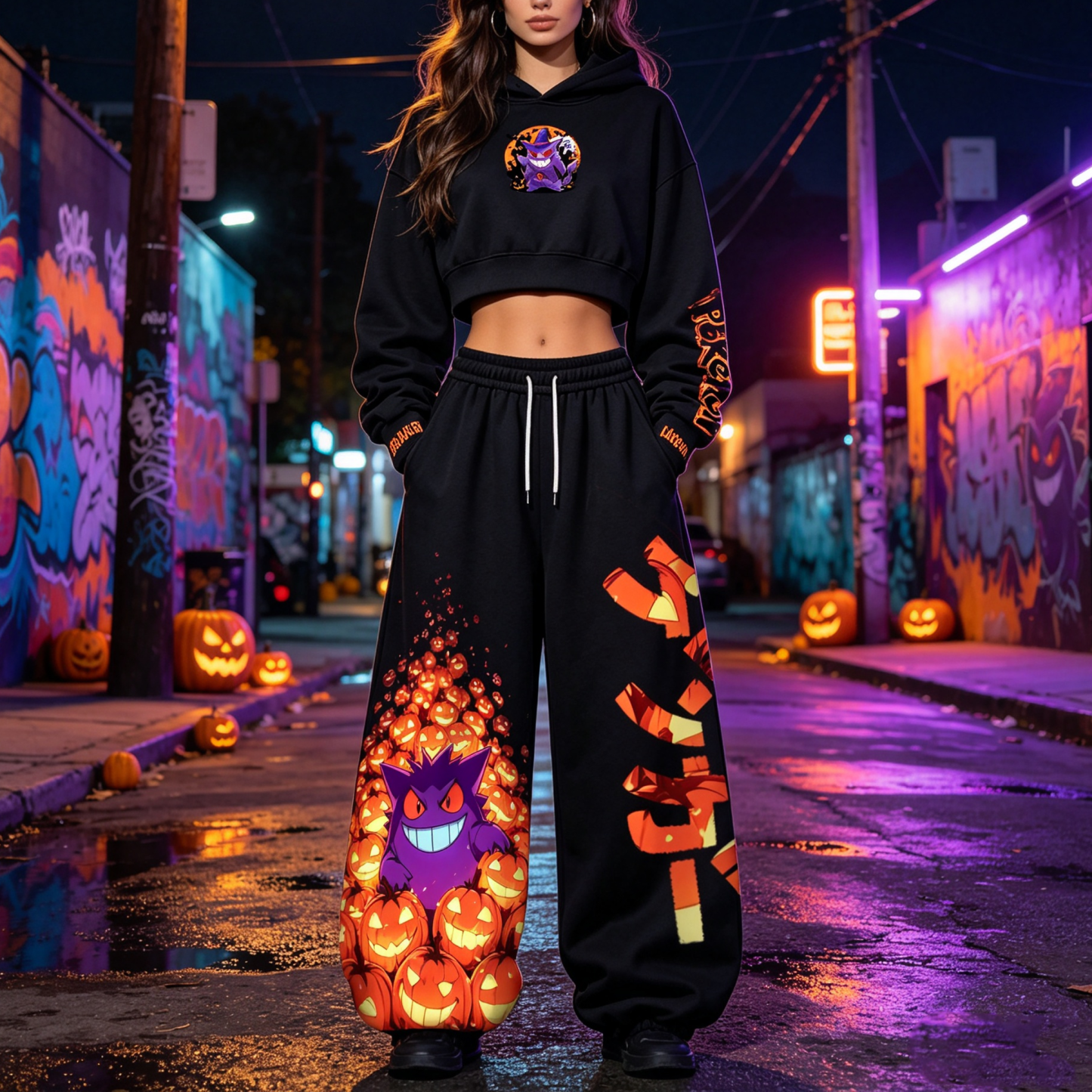 Pokémon Halloween Series Cropped Long Sleeve Hoodie & High Waist Jogger Pants Two Piece