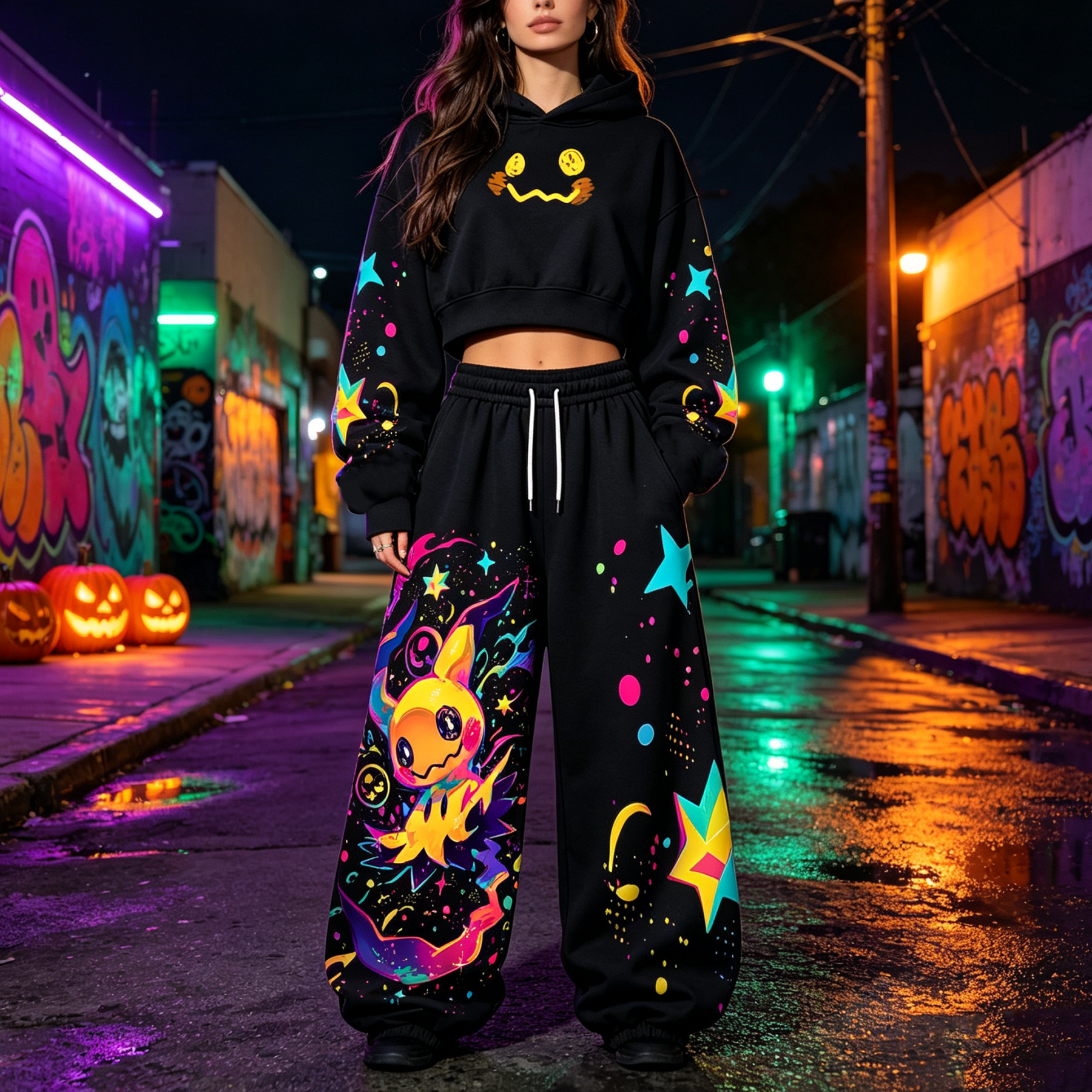 Pokémon Halloween Series Cropped Long Sleeve Hoodie & High Waist Jogger Pants Two Piece