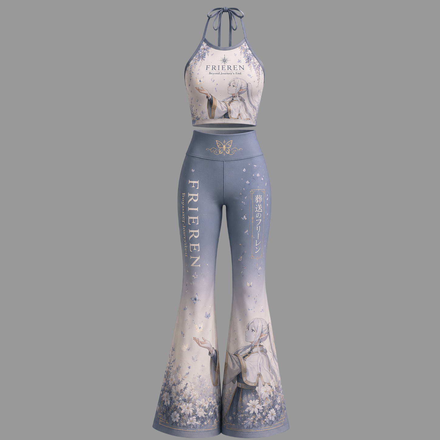 Frieren Halter Crop Top + High Waist Flared Pants Matching 2-Piece Set