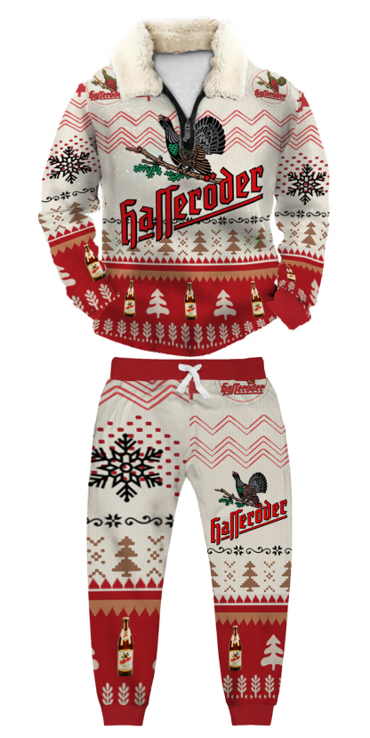 Unisex Christmas 1/4 Zip Stand Fleece Collar Thick Sweatshirt & Sweatpant Set