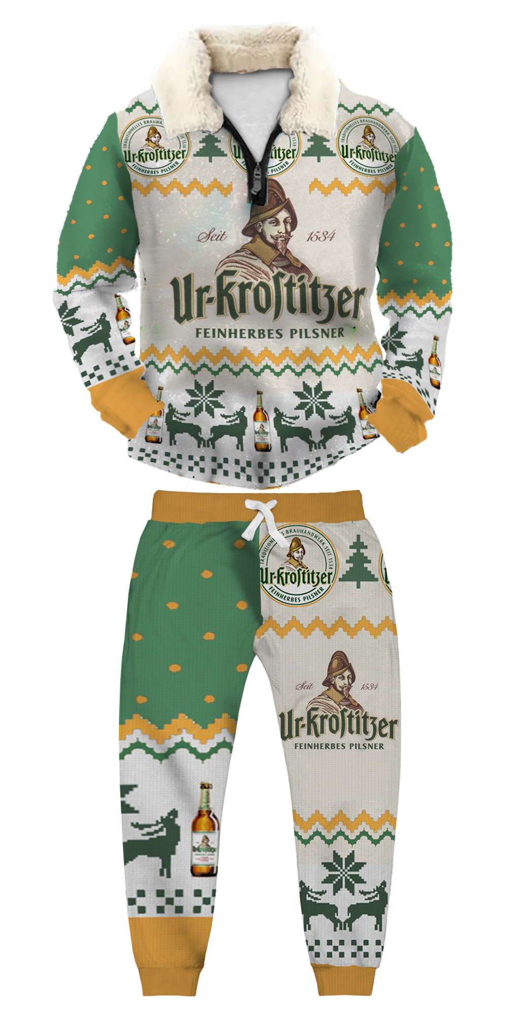 Unisex Christmas 1/4 Zip Stand Fleece Collar Thick Sweatshirt & Sweatpant Set