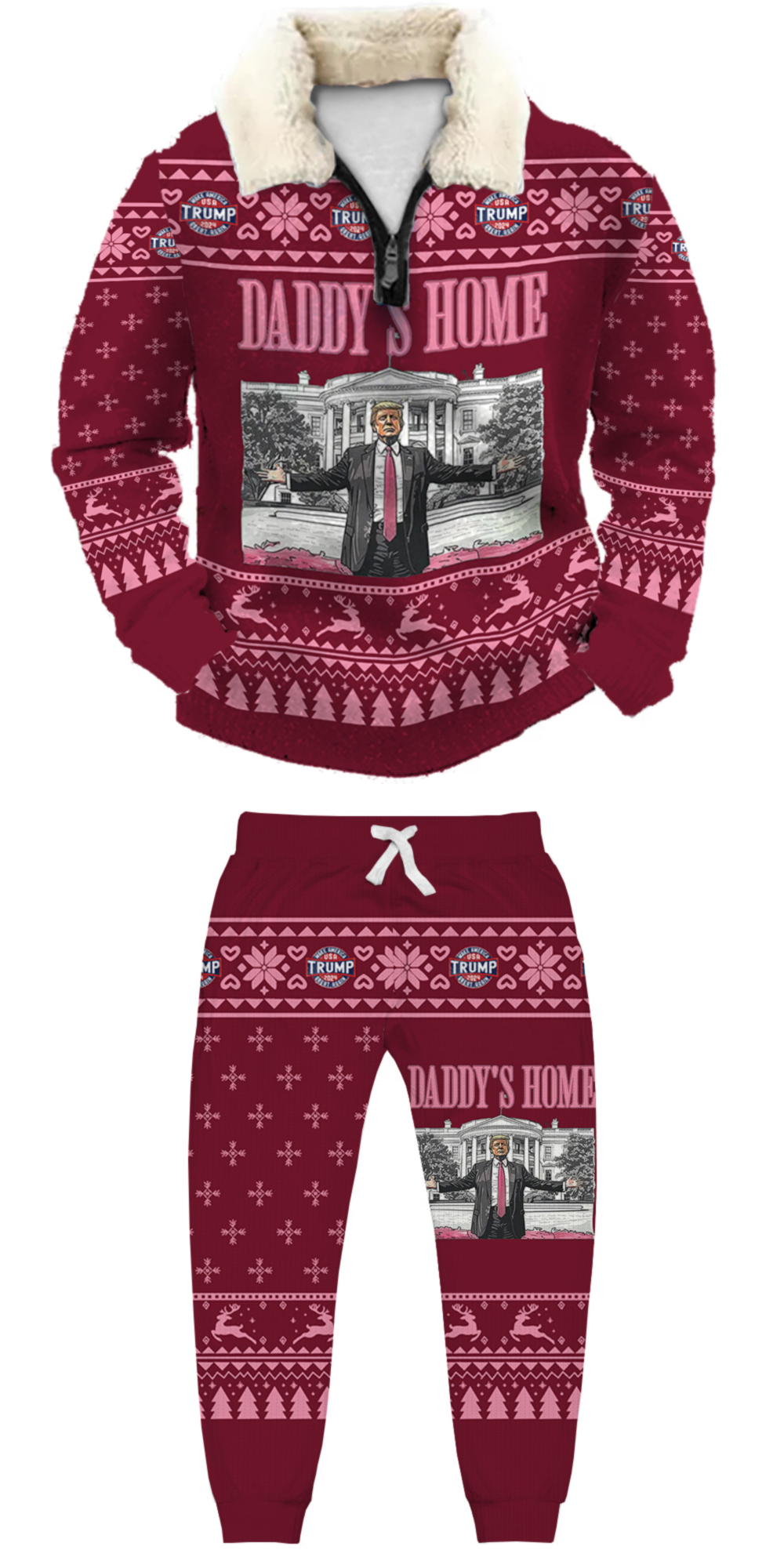 Unisex Christmas 1/4 Zip Stand Fleece Collar Thick Sweatshirt & Sweatpant Set