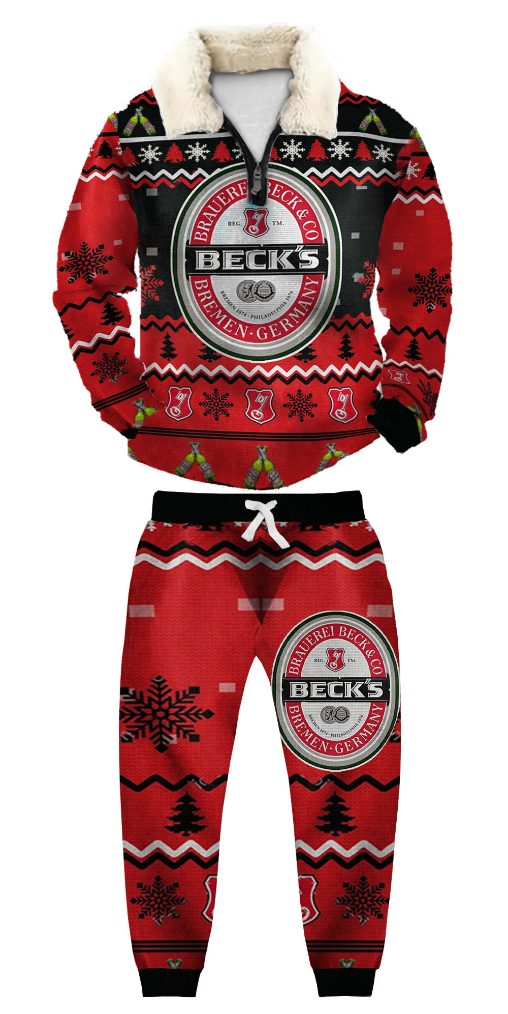 Unisex Christmas 1/4 Zip Stand Fleece Collar Thick Sweatshirt & Sweatpant Set