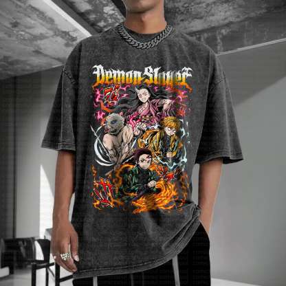 Unisex Anime Inspired Vintage Washed T-Shirt丨Demon Slayer