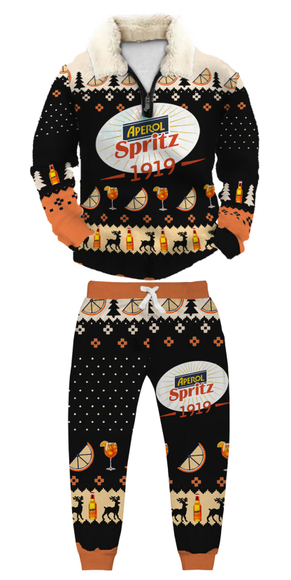 Unisex Christmas 1/4 Zip Stand Fleece Collar Thick Sweatshirt & Sweatpant Set