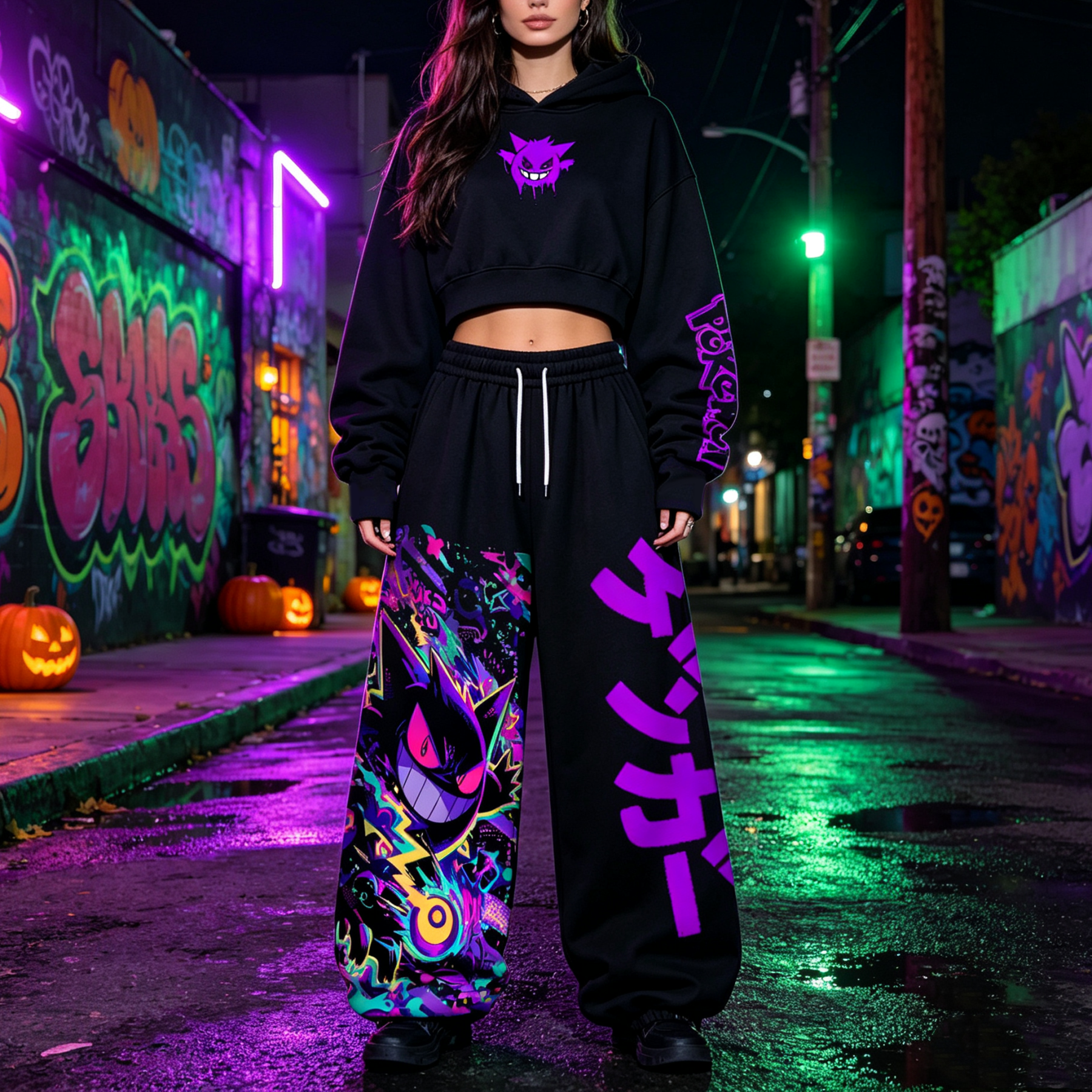 Pokémon Halloween Series Cropped Long Sleeve Hoodie & High Waist Jogger Pants Two Piece