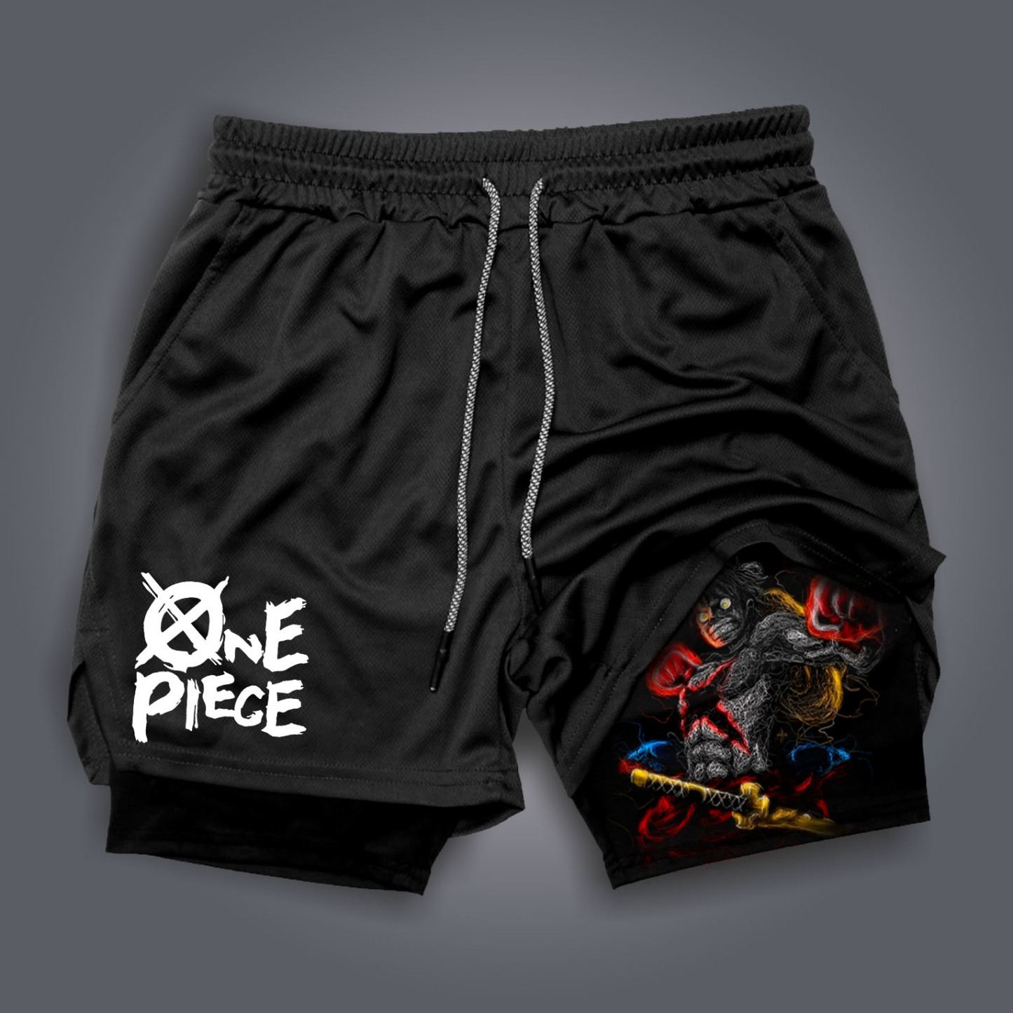 Unisex Anime Print Drawstring One Piece Shorts