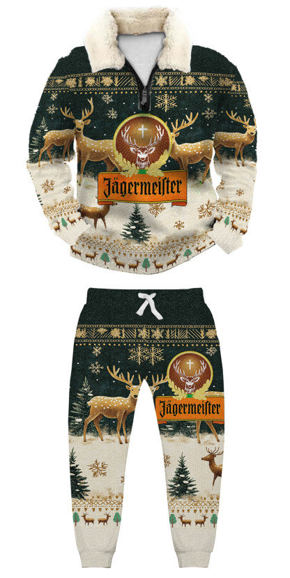 Unisex Christmas 1/4 Zip Stand Fleece Collar Thick Sweatshirt & Sweatpant