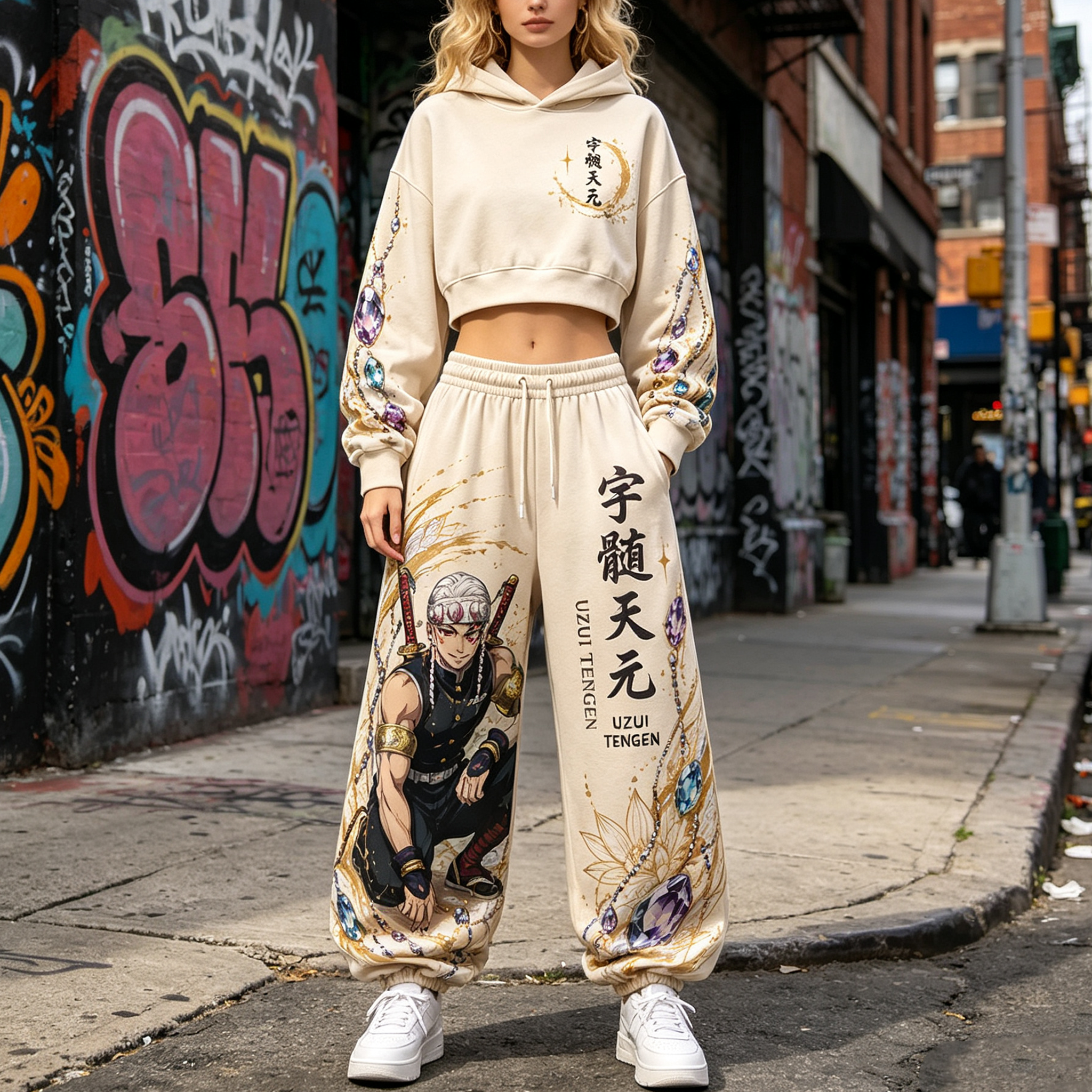 Demon Slayer Cropped Long Sleeve Hoodie & High Waist Jogger Pants Two Piece