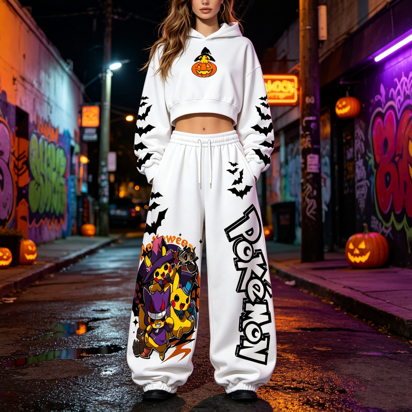 Pokémon Halloween Series Cropped Long Sleeve Hoodie & High Waist Jogger Pants Two Piece