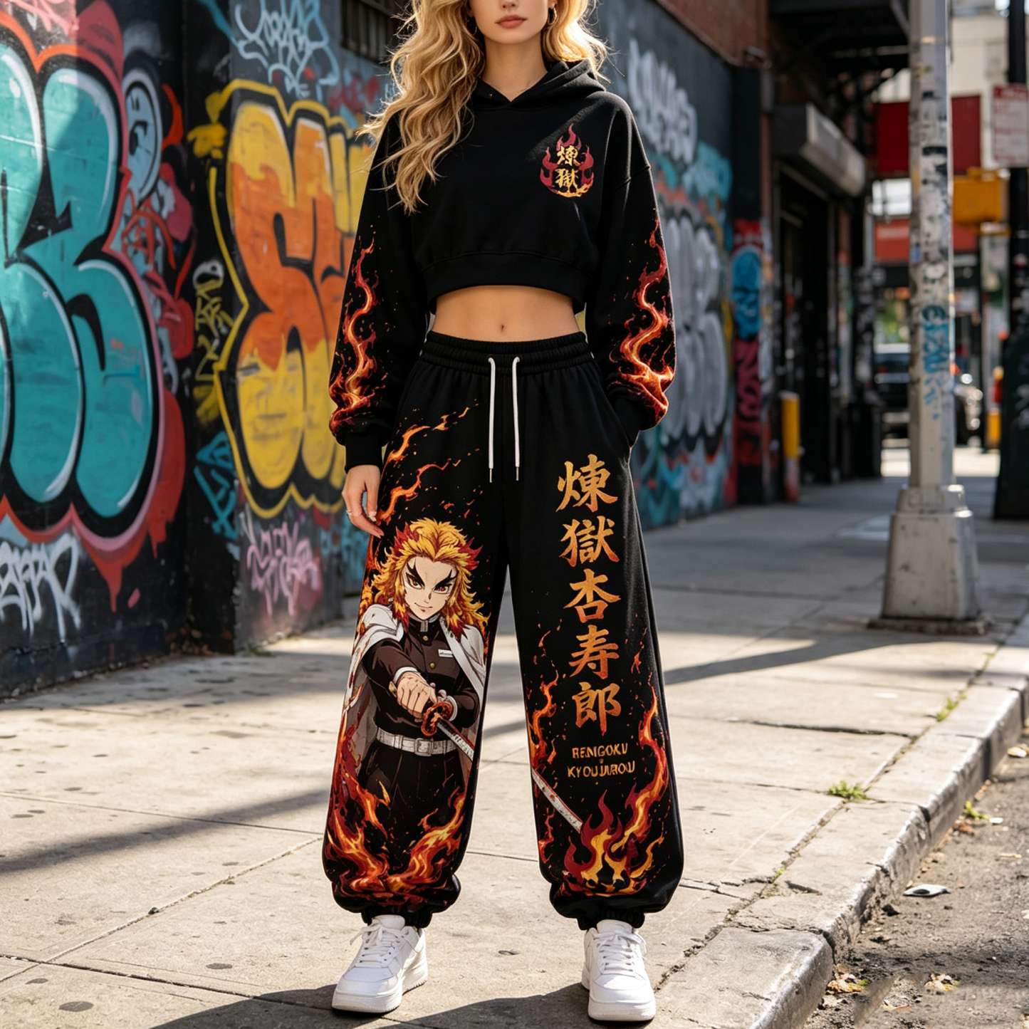 Demon Slayer Cropped Long Sleeve Hoodie & High Waist Jogger Pants Two Piece