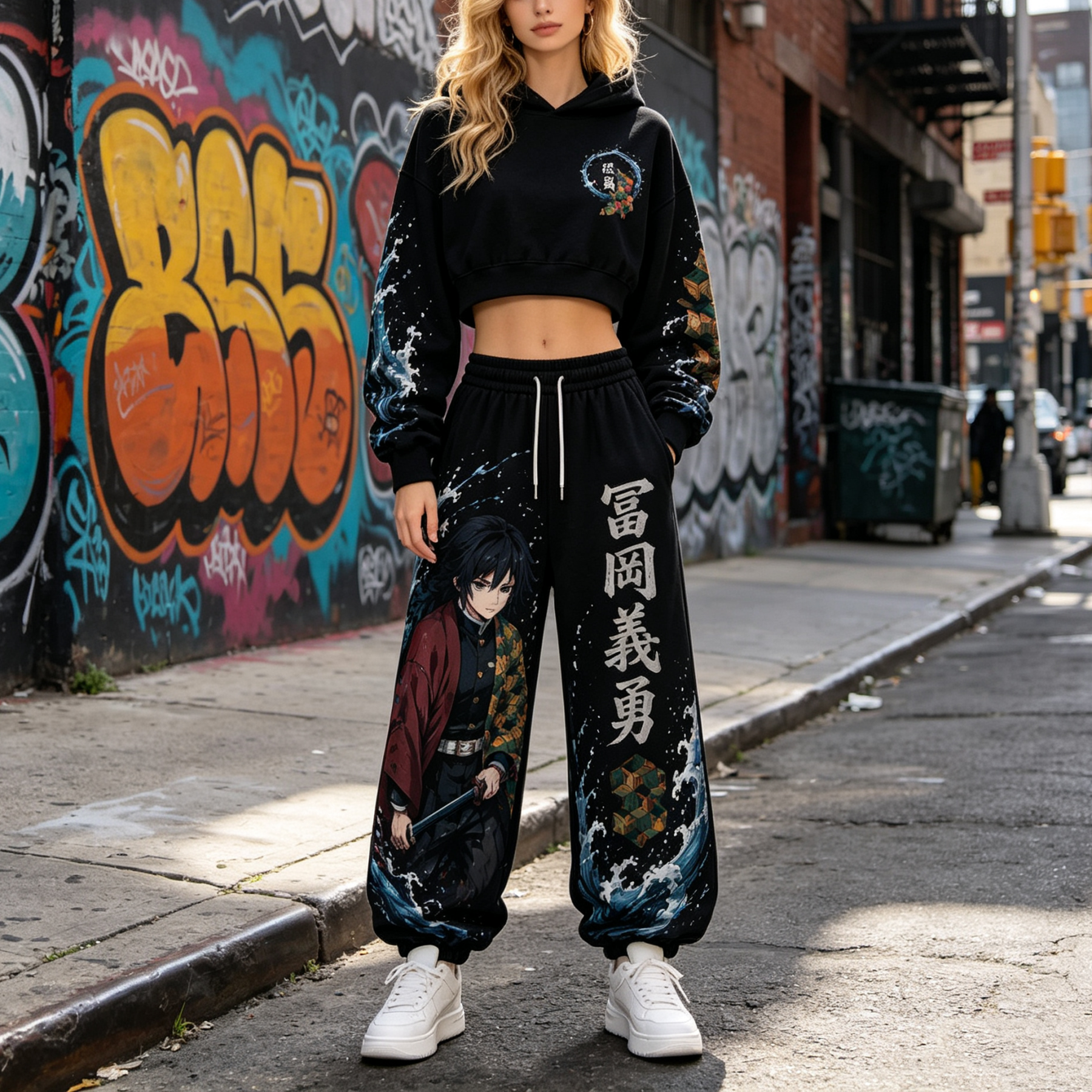 Demon Slayer Cropped Long Sleeve Hoodie & High Waist Jogger Pants Two Piece