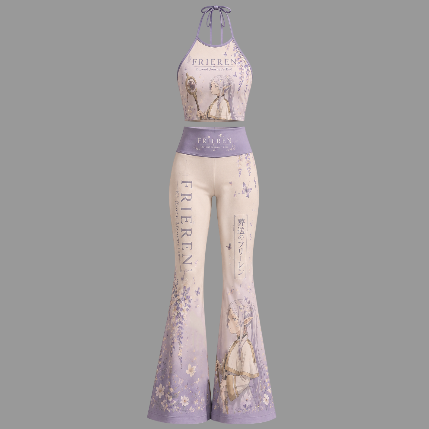Frieren Halter Crop Top + High Waist Flared Pants Matching 2-Piece Set
