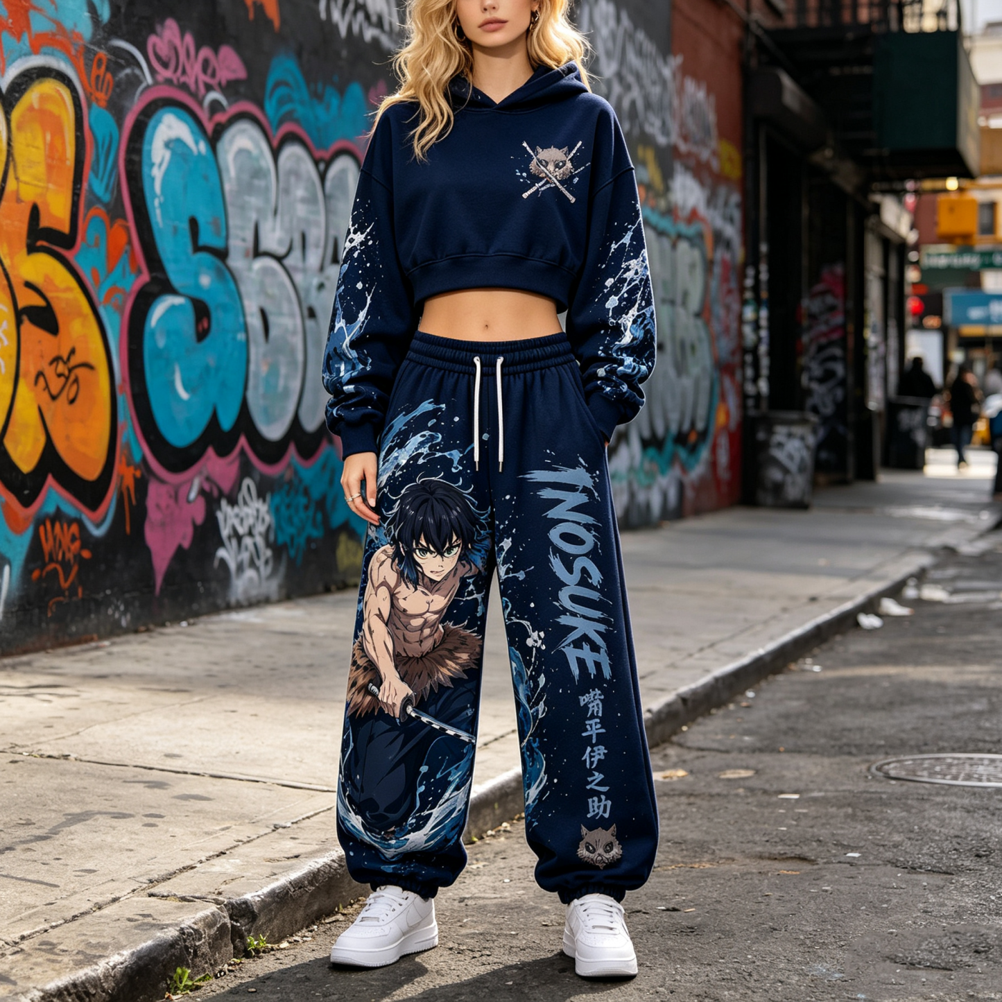 Demon Slayer Cropped Long Sleeve Hoodie & High Waist Jogger Pants Two Piece