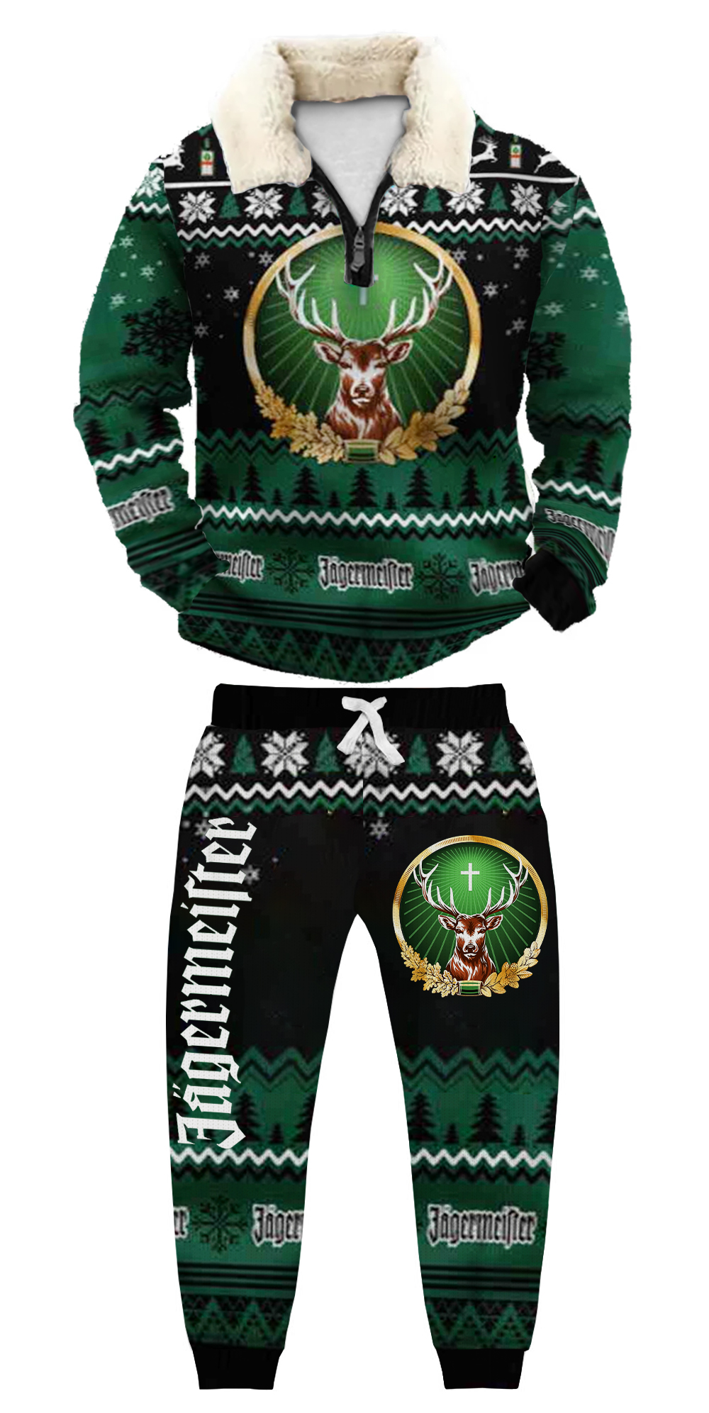 Unisex Christmas 1/4 Zip Stand Fleece Collar Thick Sweatshirt & Sweatpant Set