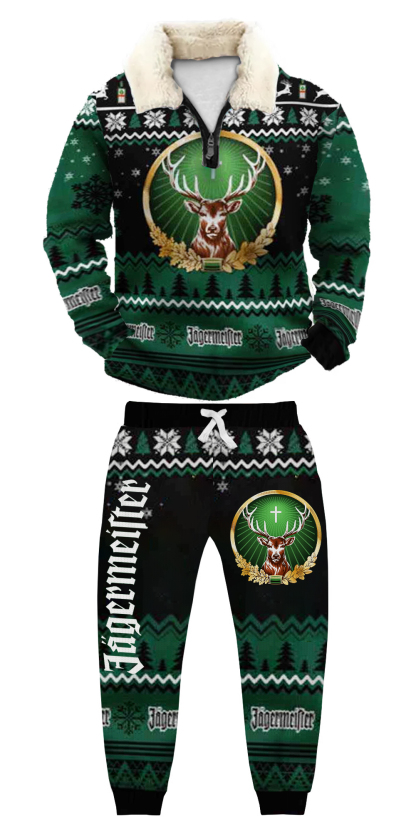 Unisex Christmas 1/4 Zip Stand Fleece Collar Thick Sweatshirt & Sweatpant Set