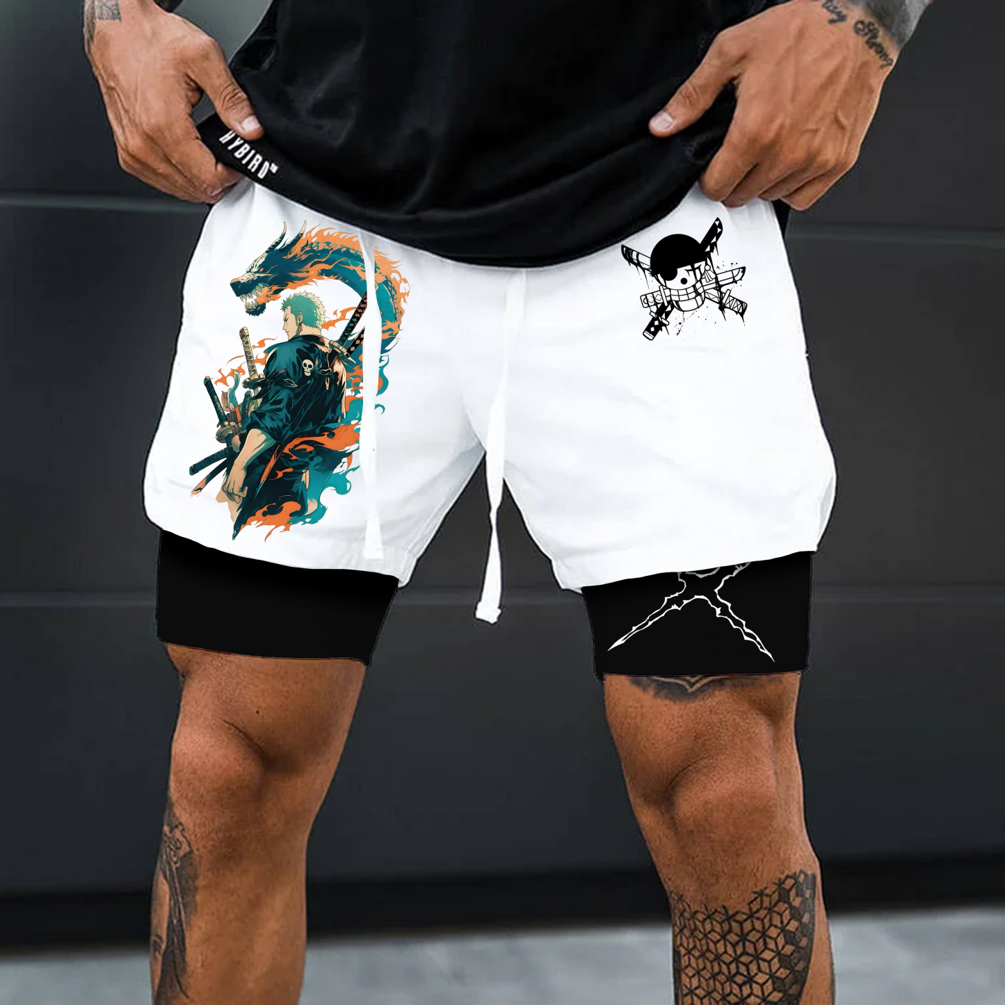 Unisex Anime Print Drawstring One Piece Shorts