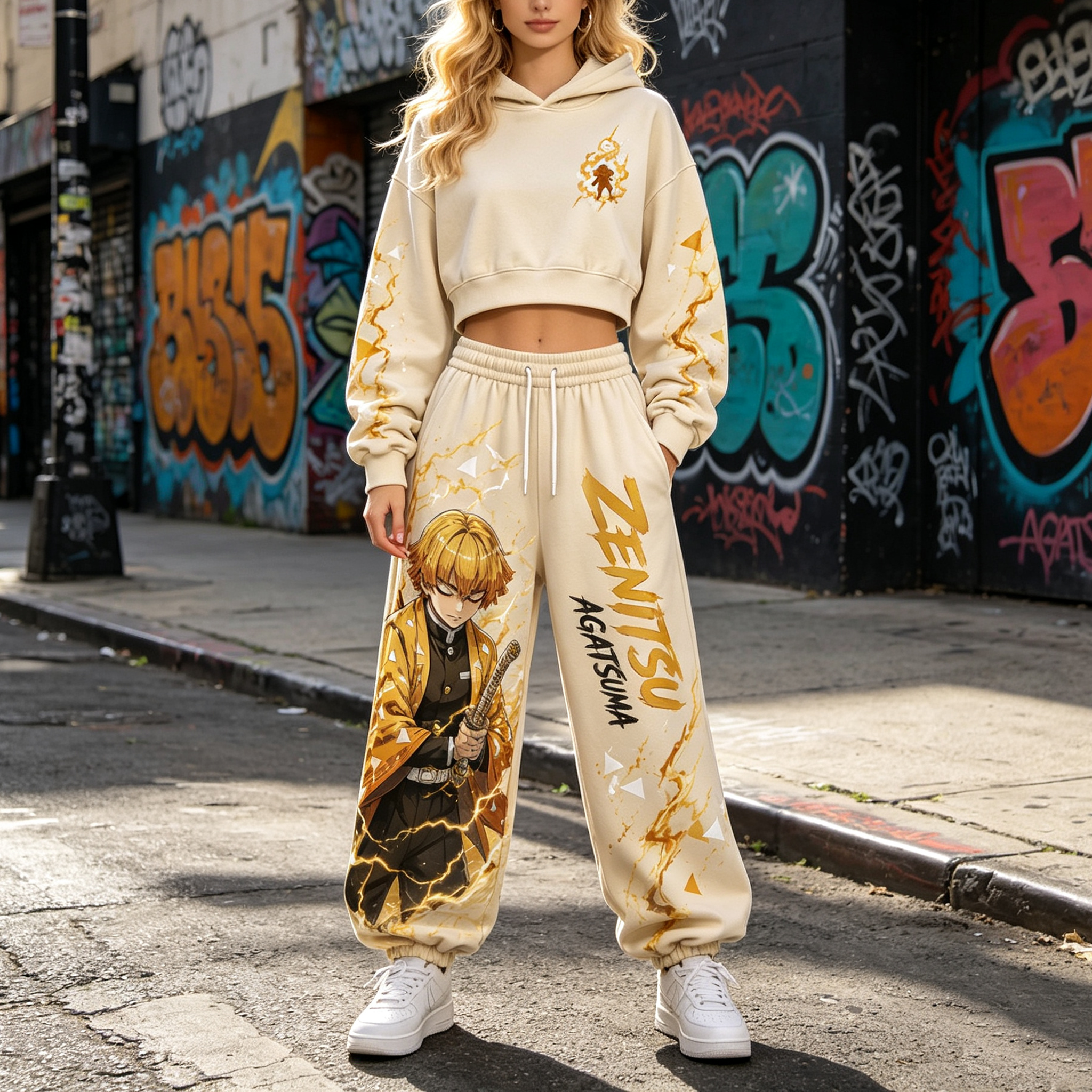 Demon Slayer Cropped Long Sleeve Hoodie & High Waist Jogger Pants Two Piece