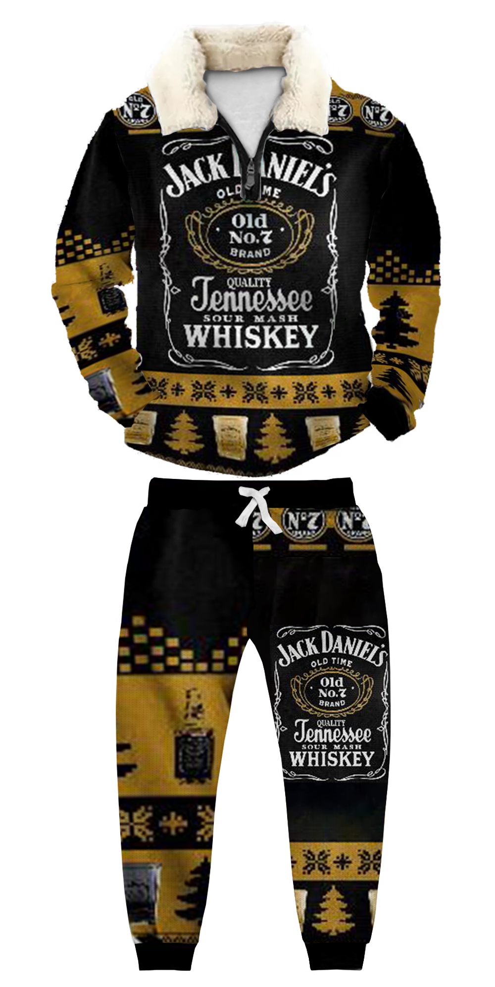 Unisex Christmas 1/4 Zip Stand Fleece Collar Thick Sweatshirt & Sweatpant Set