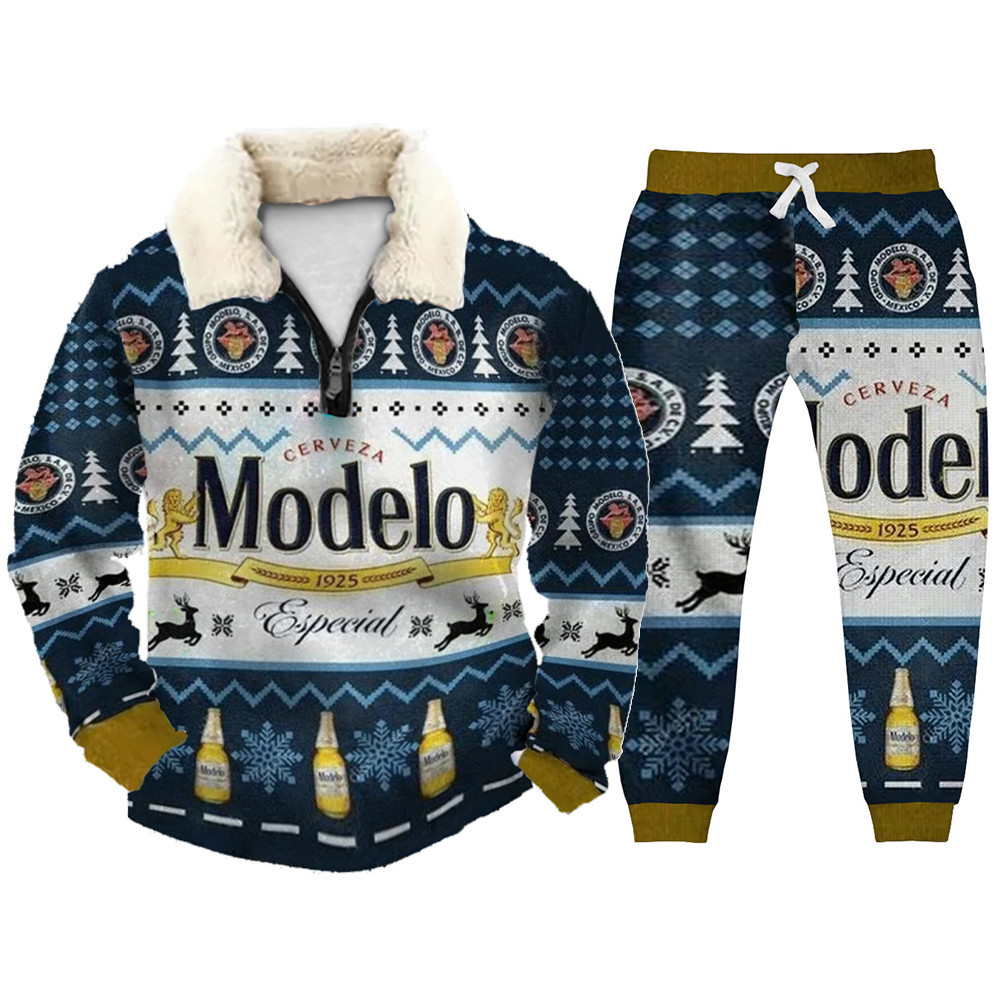 Unisex Christmas 1/4 Zip Stand Fleece Collar Thick Sweatshirt & Sweatpant Set