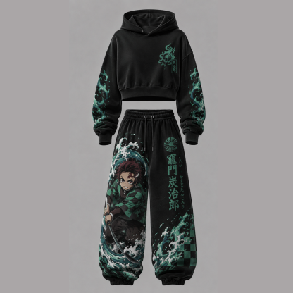 Demon Slayer Cropped Long Sleeve Hoodie & High Waist Jogger Pants Two Piece