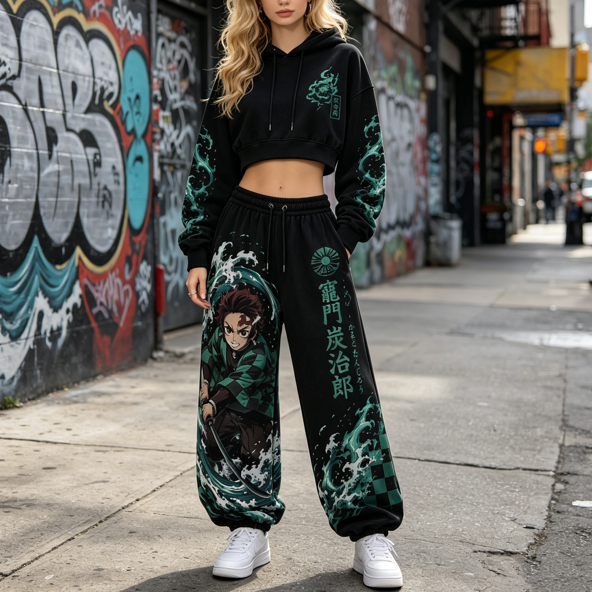 Demon Slayer Cropped Long Sleeve Hoodie & High Waist Jogger Pants Two Piece