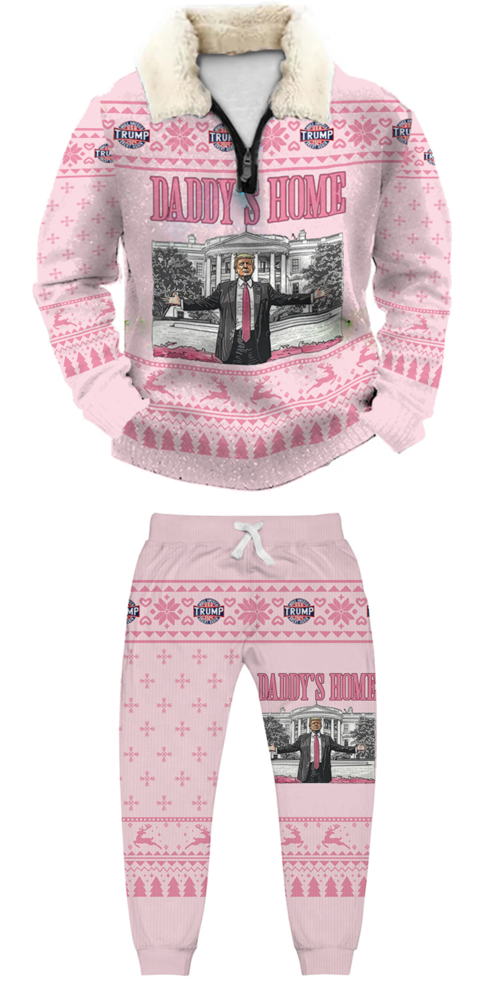 Unisex Christmas 1/4 Zip Stand Fleece Collar Thick Sweatshirt & Sweatpant Set